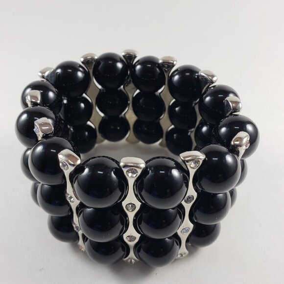 Silver Multi-Row Black Beaded Bracelet – Sparkling Crystal Statement Jewelry - Picture 3 of 7